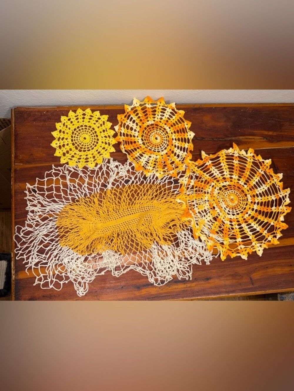 Vintage handmade Crochet Doily Set with Floral Design 4 pieces cottagecore